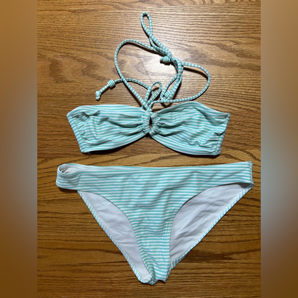 H&M Mint Green and White Striped Bandeau Bikini Set Size US 4-6